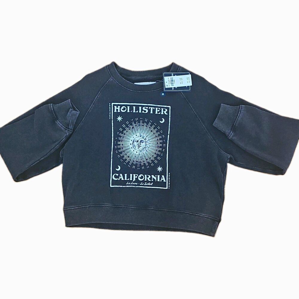 Hollister Fleece Cotton Pullover Crewneck Graphic Logo Sweatshirt Black XS